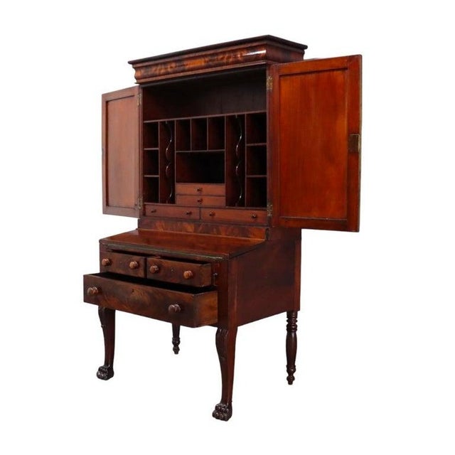 American Empire Classical Flame Mahogany Clawfoot Secretary Desk C1840 For Sale - Image 4 of 15