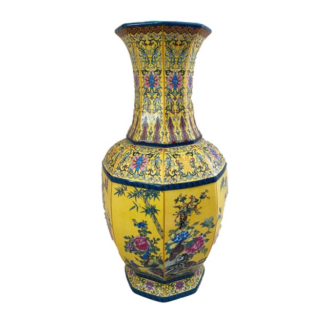 Vintage Famille Jaune Octagonal Shaped Vase 20"h For Sale In New York - Image 6 of 13