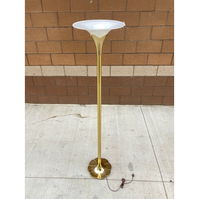 Brass Modernist Solid Brass Tulip Torchiere Floor Lamp Milk Glass Diffuser by the Stiffel Company For Sale - Image 8 of 13