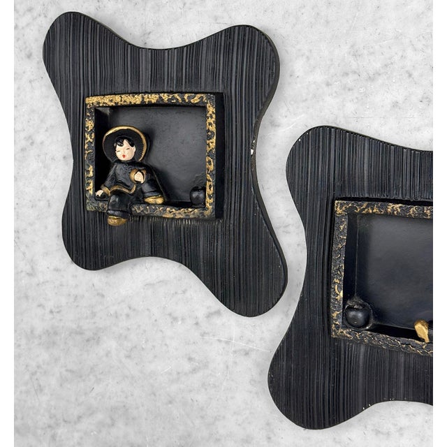 1950s Mid-Century Asian Black Chalkware Amoebic Wall Hanging Sculptures - A Pair For Sale - Image 5 of 10
