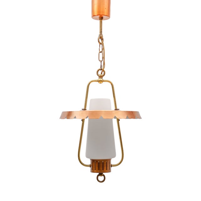 Mid-Century Modern Ceiling Lamp in Copper, Brass, and Opaline Glass, 1950s For Sale