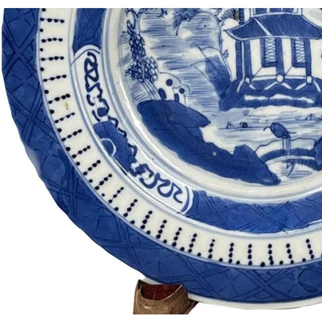 Wood Antique 19th Century Chinese Canton Blue & White Export Porcelain 8.5" Scenic Bowl & Stand For Sale - Image 7 of 12