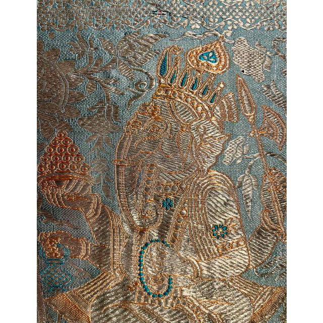 Indian Vintage Ganesha Hindu Silk Tapestry – Framed Under Glass – 10” X 12” For Sale - Image 3 of 7