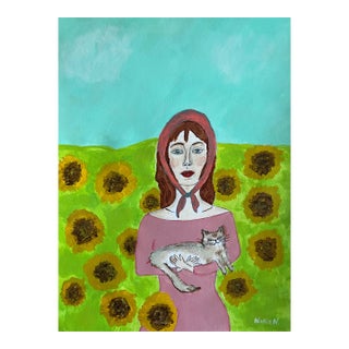 "Harriett & Queenie’ Abstract Acrylic Painting Portrait of Woman With a Cat by Artist Nadia Nabhan For Sale