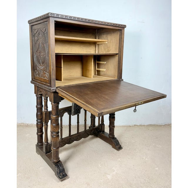 Wood Spanish Highly Carved Wood Cabinet or Bargueño, 20th Century For Sale - Image 7 of 18