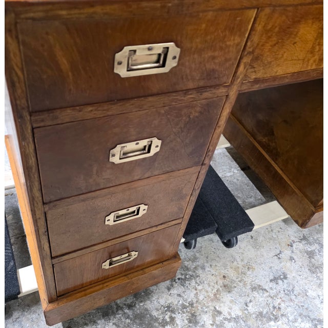 Vintage Burlwood Campaign Kneehole Desk For Sale - Image 9 of 11