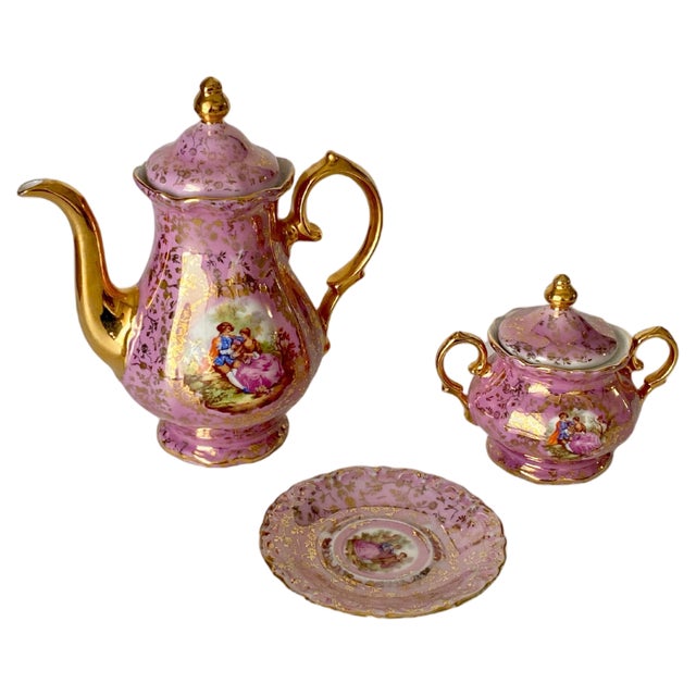 German Pink and Color Porcelain Coffee Tea Service, Germany, 1950s For Sale