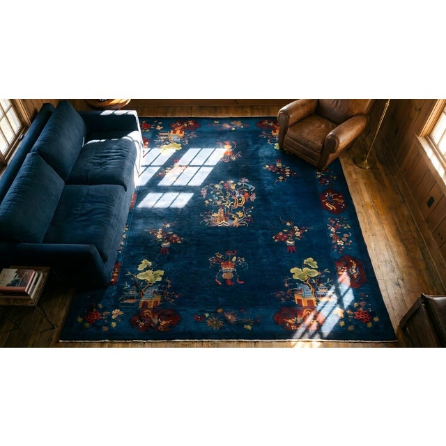 1920s Navy Blue Vase Floral Antique Chinese Art Deco Carpet 9' X 11'6" Handknotted Wool Rug For Sale - Image 13 of 14