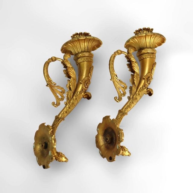 Metal Pair Antique Napoleonic French Empire Gilt Bronze Conucopia Form Sconces 19thC For Sale - Image 7 of 8