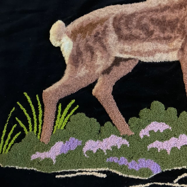 1930’s Vintage Folk Art German Punch Needlework Stag /Deer Picture on Black Velvet For Sale - Image 4 of 10