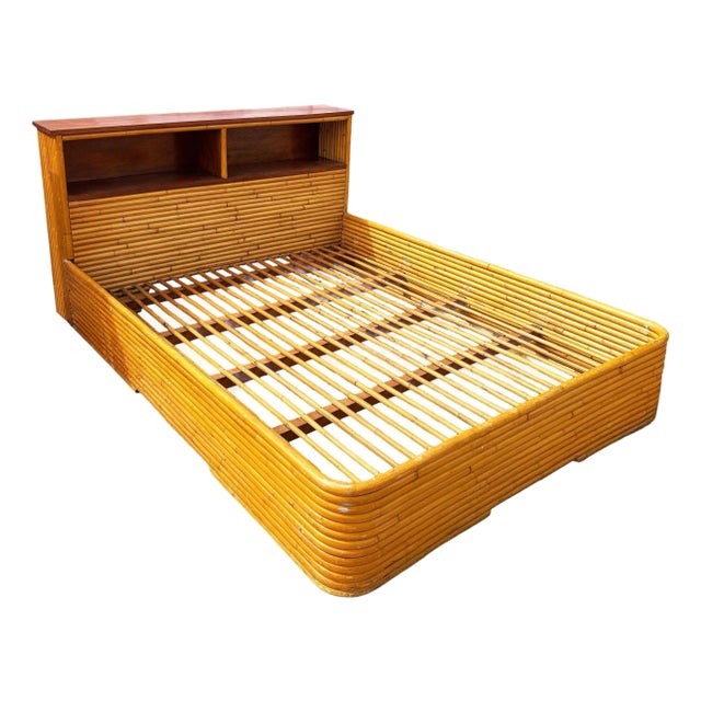 Restored Mid-Century Queen Size 13-Strand Stacked Rattan Bed Frame W/ Book Shelf For Sale