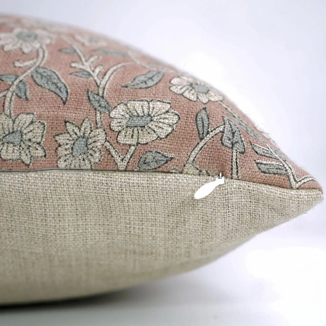 Industrial Handmade Floral Print Decorative Cushion Cover in Thick Linen 24x24 Inch -Haridwar For Sale - Image 3 of 4