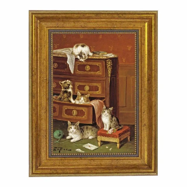 French "Musical Kittens; A New Hiding Place" Contemporary Reproduction Print on Canvas After Jules Leroy, Framed 15-1/2" X 18-1/2". For Sale - Image 3 of 3