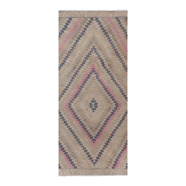 Turkish Faded Geometric Kilim Rug 4'11'' X 11'6'' For Sale