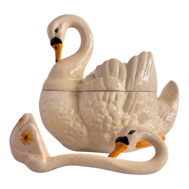 Vintage Ceramic Swan Soup Tureen With Coordinating Ladle – Cream Speckled Glaze, Cottage Farmhouse Serveware For Sale