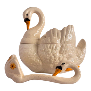 Vintage Ceramic Swan Soup Tureen With Coordinating Ladle – Cream Speckled Glaze, Cottage Farmhouse Serveware