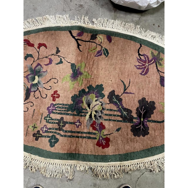 Antique 1920s Chinese Art Deco Oval Rug, Floral, 3'1" X 5'2" (95cm X 158cm) For Sale - Image 4 of 7