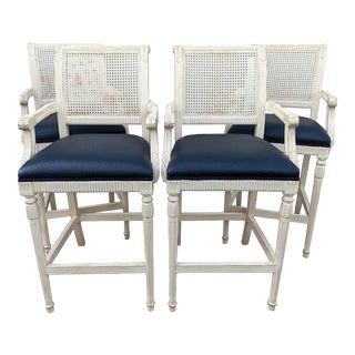 French Louis XVI Caned Back Bar Stools - Set of 4 For Sale
