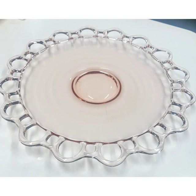 Vintage Pale Pink Depression Glass Cake/Serving Platter With Scalloped/Lace Open Work Edge For Sale - Image 6 of 8