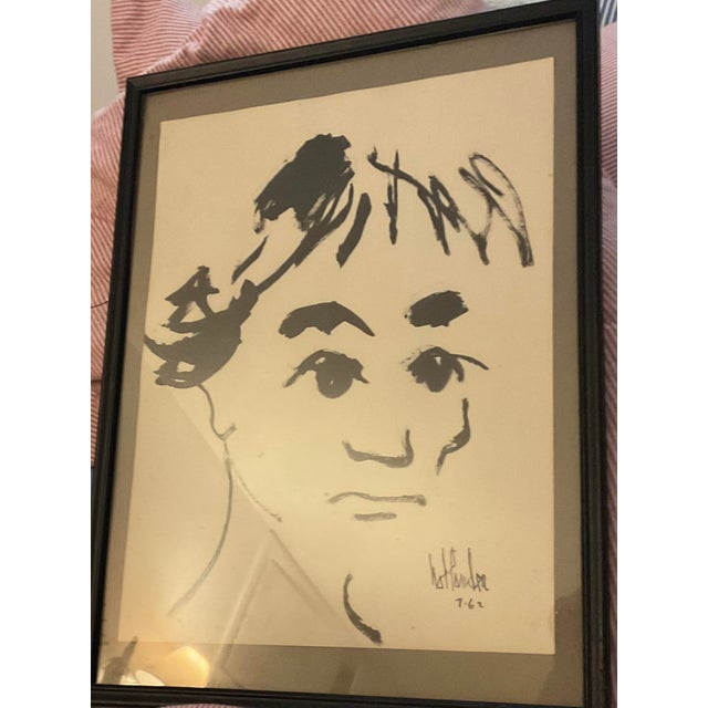 MId century ink on paper portrait signed, Pandra. 1962. Charming, vivid portrait of child. Image size is 14” Hx 11.5” W