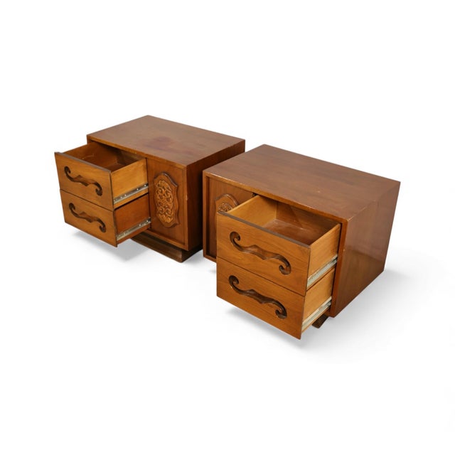 1960s Attributed to Young Manufacturing Vintage Mid Century Modern Brutalist Spanish Revival Pair of Nightstands C. 1960s For Sale - Image 5 of 9