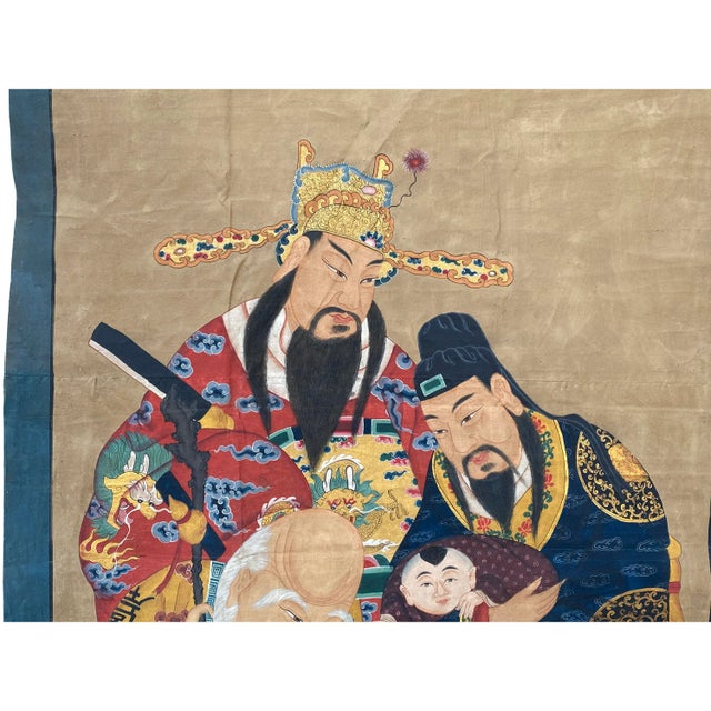 Large Chinese Vintage Canvas Color Ink SanXing (Fu Lu Shou) Painting Art For Sale - Image 4 of 11