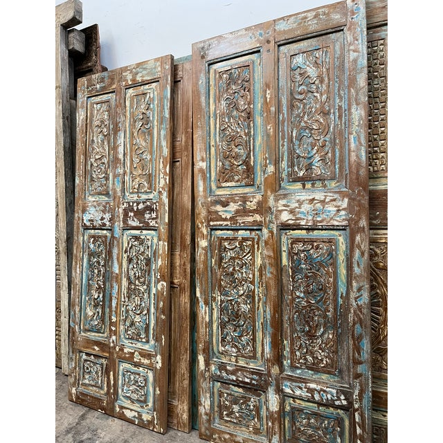 Antique Blue Floral Carved Closet Door – Rustic Hinged or Sliding Barn Door Panel 80 For Sale In Orlando - Image 6 of 6