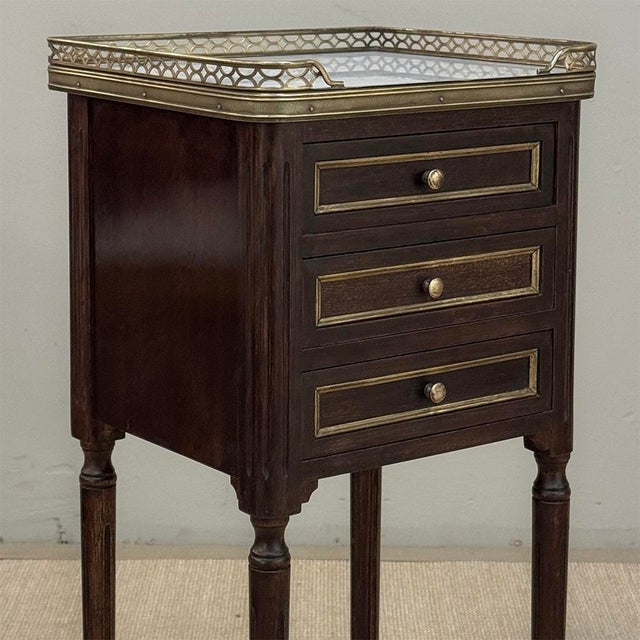 Pair Mid-Century Louis XVI Mahogany End Tables With Carrara Marble For Sale - Image 12 of 16