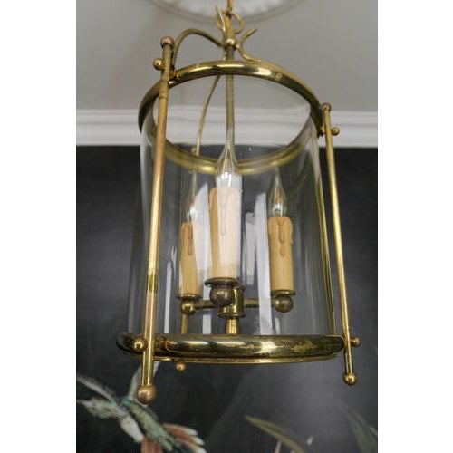 French Neoclassical Brass and Clear Glass Round Hanging Lantern, 1950s For Sale - Image 6 of 18
