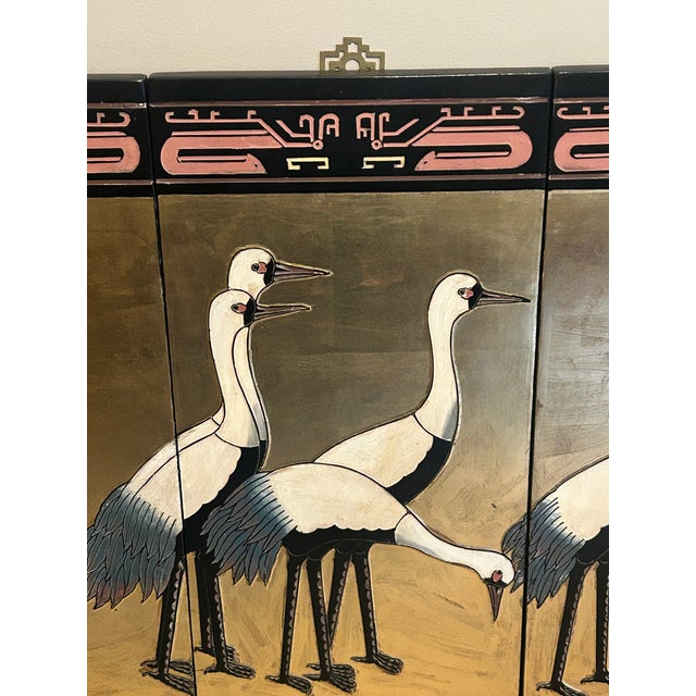 Art Deco Mid-Century Art Deco Chinese Coromandel Lacquer 4-Panel Wall Screen With Cranes. For Sale - Image 3 of 8