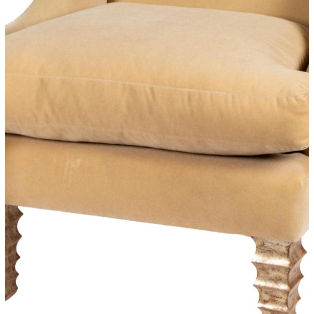 Modern Designer Beige Mohair Giltwood Wing Chair.