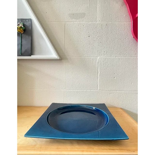 Square Blue Glazed Ceramic Plate, Italy, 1970s For Sale - Image 4 of 7