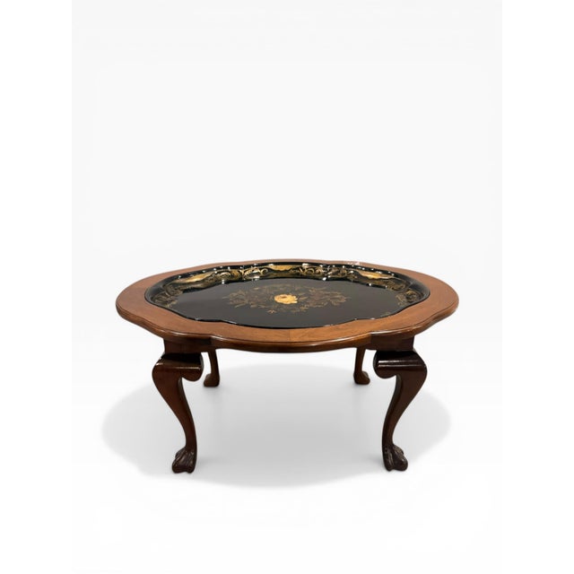Late 20th Century Chinoiserie Style Coffee Table With Removable Hand-Painted Tray – Cabriole Legs, 36” For Sale - Image 4 of 10