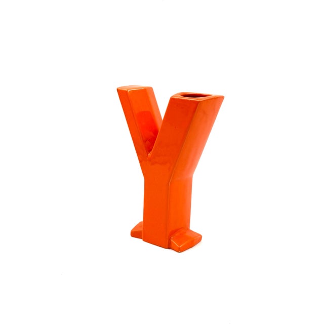 Space Age Orange Y Letter Shaped Ceramic Solifleur Vase, Marcel Radureau France, Circa 1970 For Sale - Image 9 of 13