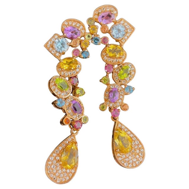 Bochic Vintage Cascading "Capri" Multi Natural Gem Earrings 18K Gold & Silver For Sale - Image 15 of 18