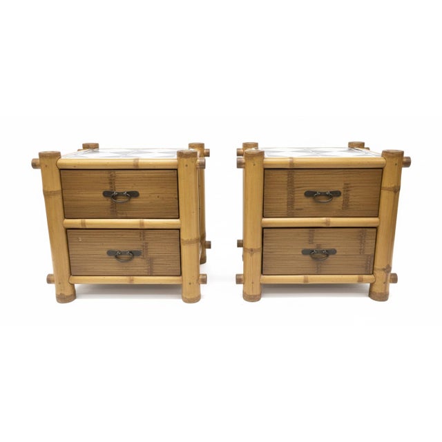 Mid-Century Modern Bamboo and Rattan Nightstands With Geometric Tile Tops - Pair For Sale - Image 4 of 6