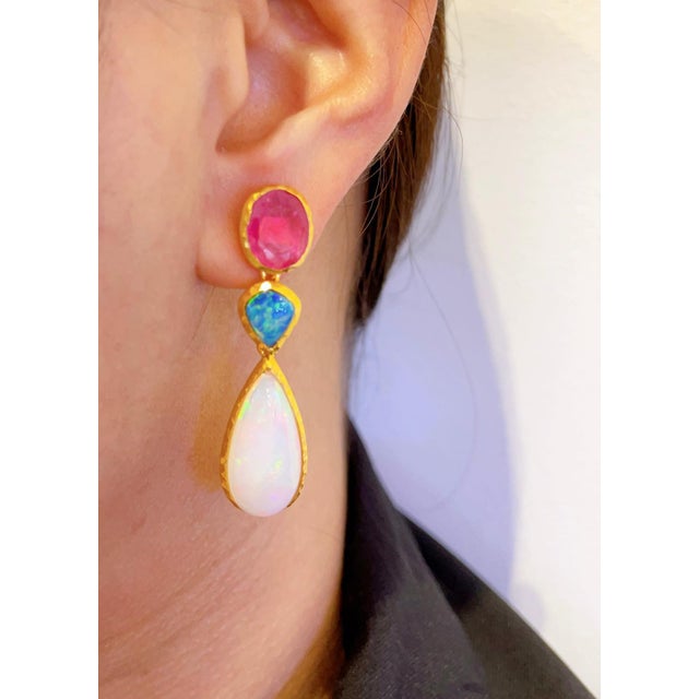 Early 21st Century Bochic "Capri" Vintage Natural Gem Necklace & Earrings, White / Blue Opal & Ruby For Sale - Image 5 of 18