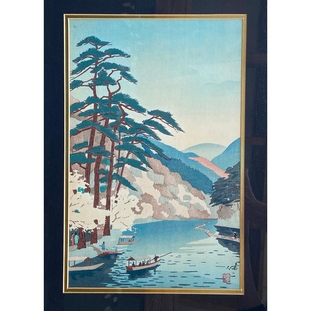 "Arashiyama" Japanese Woodblock Print by Kenji Kawai Mid Century art. Framed beautifully in a double black and gold Matt...