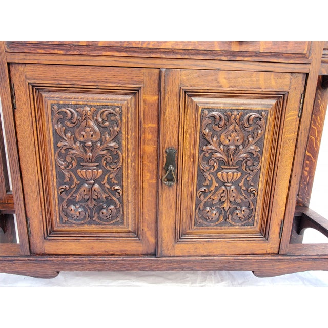 Antique 1890s Carved Oak Hall Tree W Hooks, Mirror, Marble Top