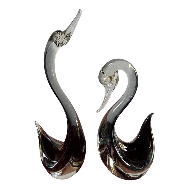 Antiqued Murano Glass Black Swans from Seguso, 1970s, Set of 2 For Sale