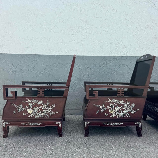Mid 20th Century Chinese Rosewood With Mother of Pearl Inlay Lounge Chairs - Set of 3 For Sale - Image 5 of 12