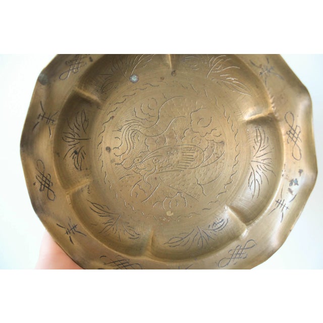 Hollywood Regency Vintage Chinese Etched Brass Bowl For Sale - Image 3 of 7