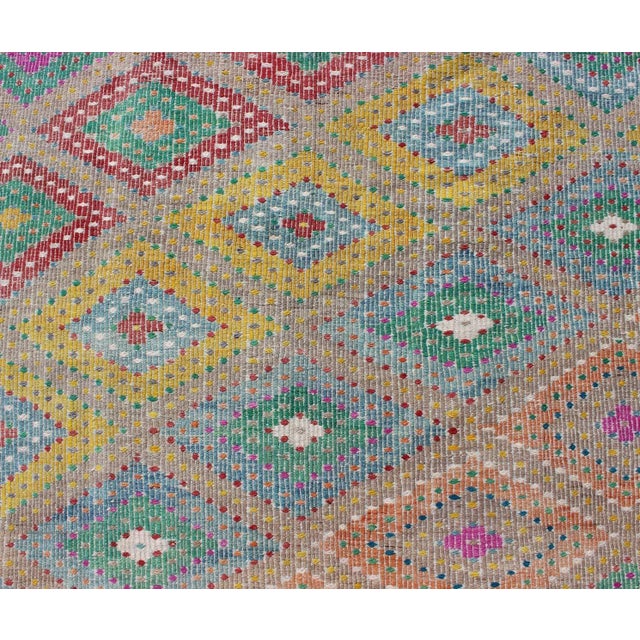 Colorful Turkish Embroidered Kilim Vintage Rug in Diamond Design & Vivid Colors For Sale In Atlanta - Image 6 of 13