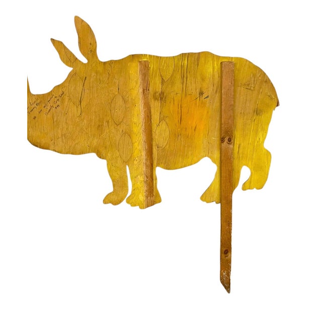 1970s Vintage Hand-Painted Wooden Rhinoceros Lawn Sign / Folk Art Yard Stake For Sale - Image 5 of 10
