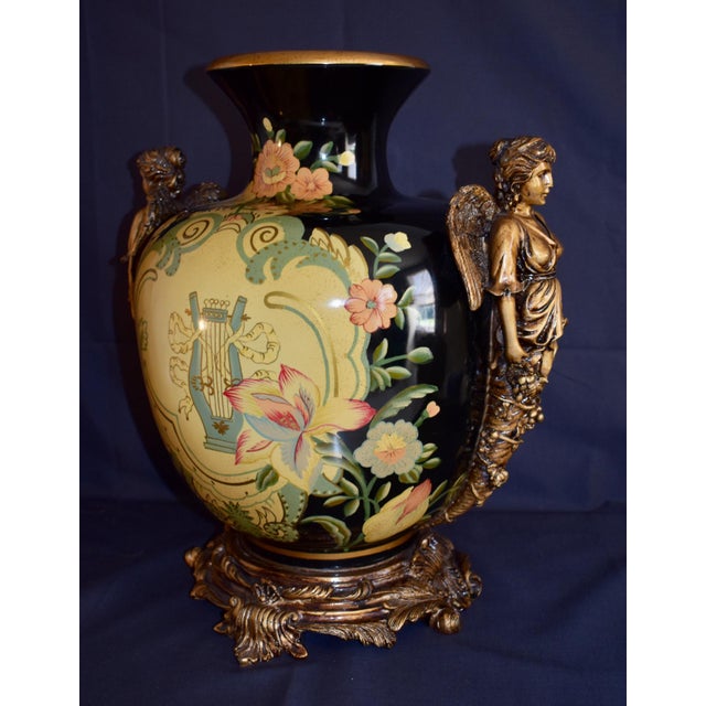 Ceramic Vintage Neoclassical Ceramic Amphora Vase Lyre Floral Gilt Figural Urn 15” For Sale - Image 7 of 14