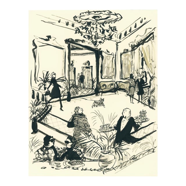 Lobby Ladies With Martini Waiter Contemporary Whimsical Figurative Print by Pauline De Roussy De Sales For Sale