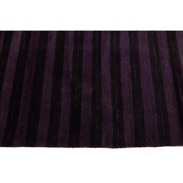 Contemporary Tibetan Hand-Knotted Wool and Silk Rug With Deep Plum Stripes For Sale - Image 9 of 10