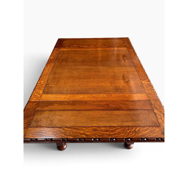 1925 Ornate Jacobean / Elizabethan Revival Period Draw Leaf Table - Beautiful Solid Quarter Sawn Oak For Sale - Image 9 of 12