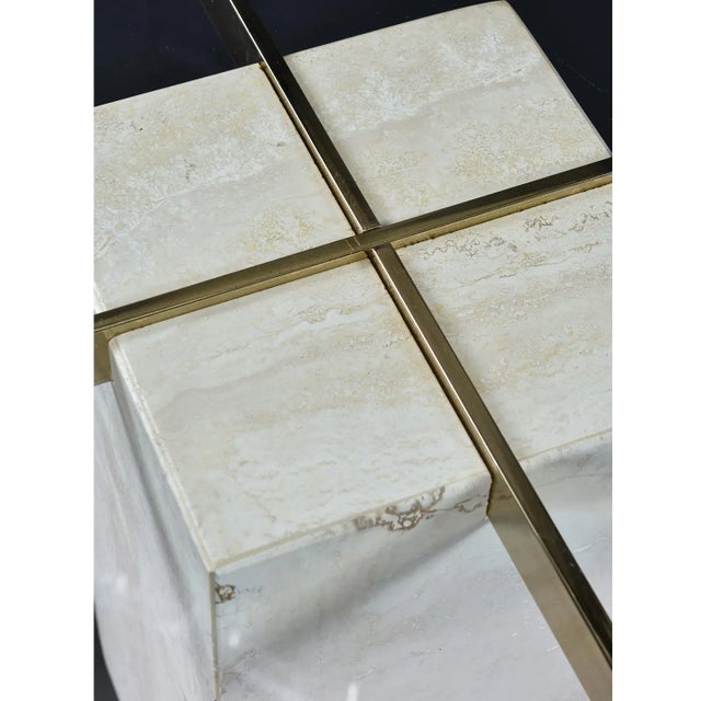 Travertine Stone and Brass Pedestal Side Table With Square Glass For Sale - Image 6 of 10