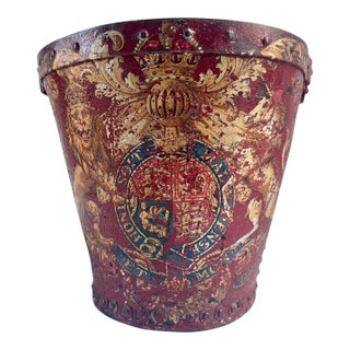 19th-Century Antique English Georgian Red Leather Hand-Decorated Armorial Shield Fire Bucket For Sale